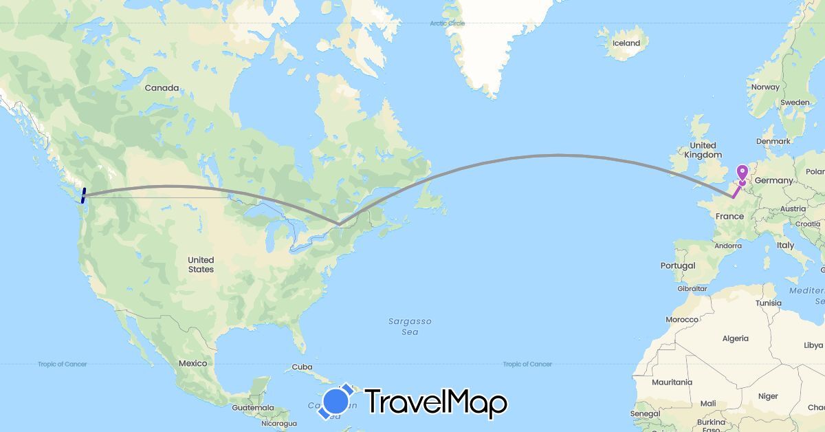 TravelMap itinerary: driving, bus, plane, train in Belgium, Canada, France (Europe, North America)